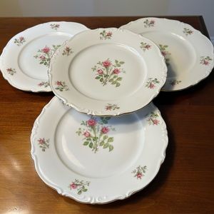 Bavaria Western Germany Wild Rose Pink Dessert/Lunch Plate, Set of 4, Gold Trim,